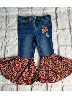 Girls Floral Bell Bottom flare Jeans Upcycled Denim Boho Pants size 3t